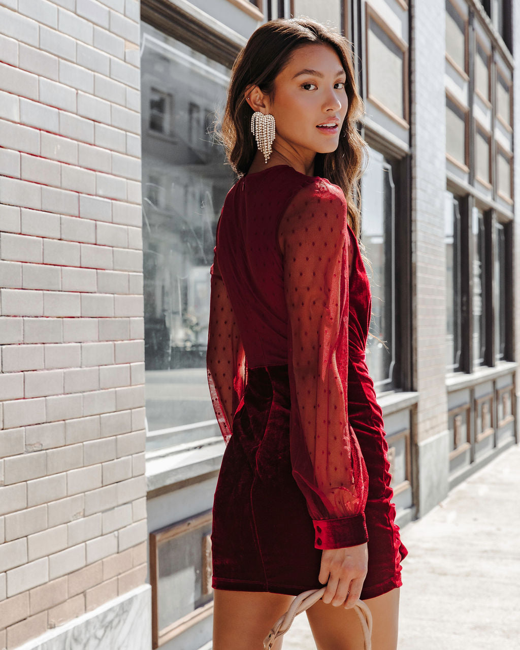 Saint Clara Sheer Velvet Ruffle Mini Dress - Burgundy