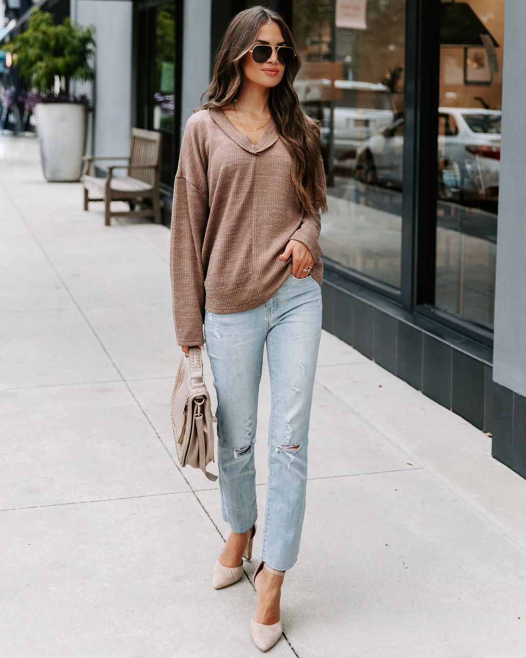 Touch Of Fall Oversized Ribbed Long Sleeve Top - Cocoa