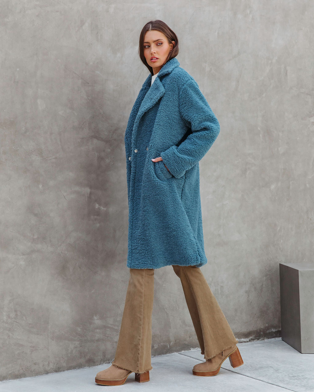 Of The Essence Pocketed Teddy Coat - Dusty Teal
