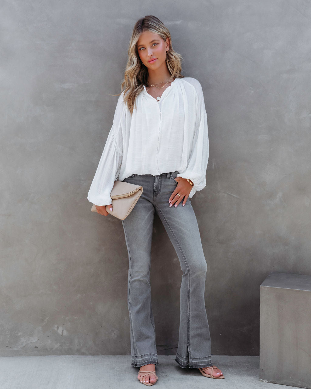 Bodhi Balloon Sleeve Button Up Top - White