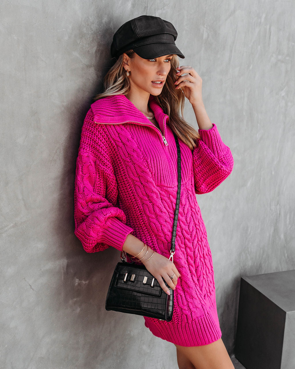 So Fetch Cable Knit Half Zip Sweater Dress - Hot Pink - SALE