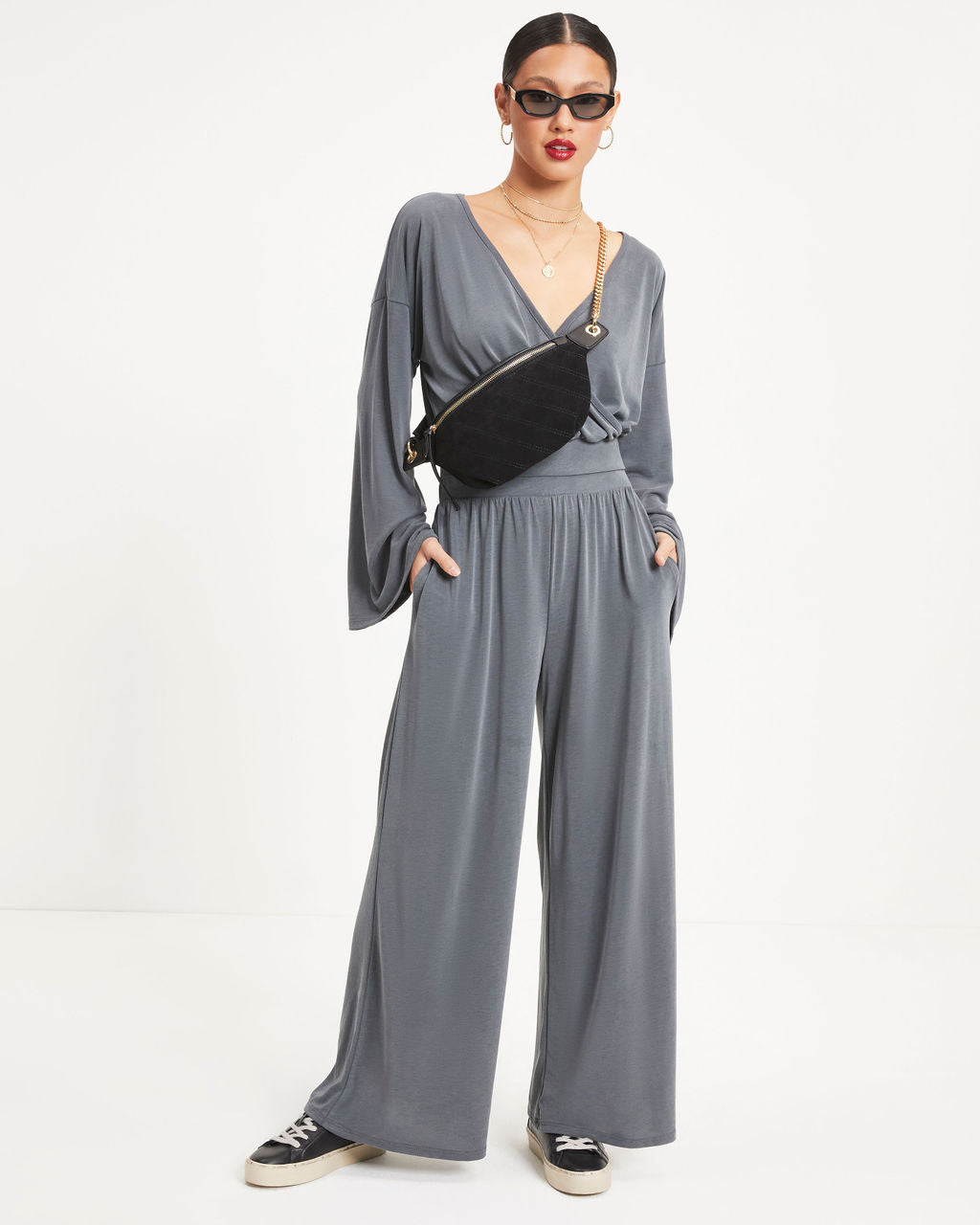 Molly Wide Sleeve Crop Top - Charcoal