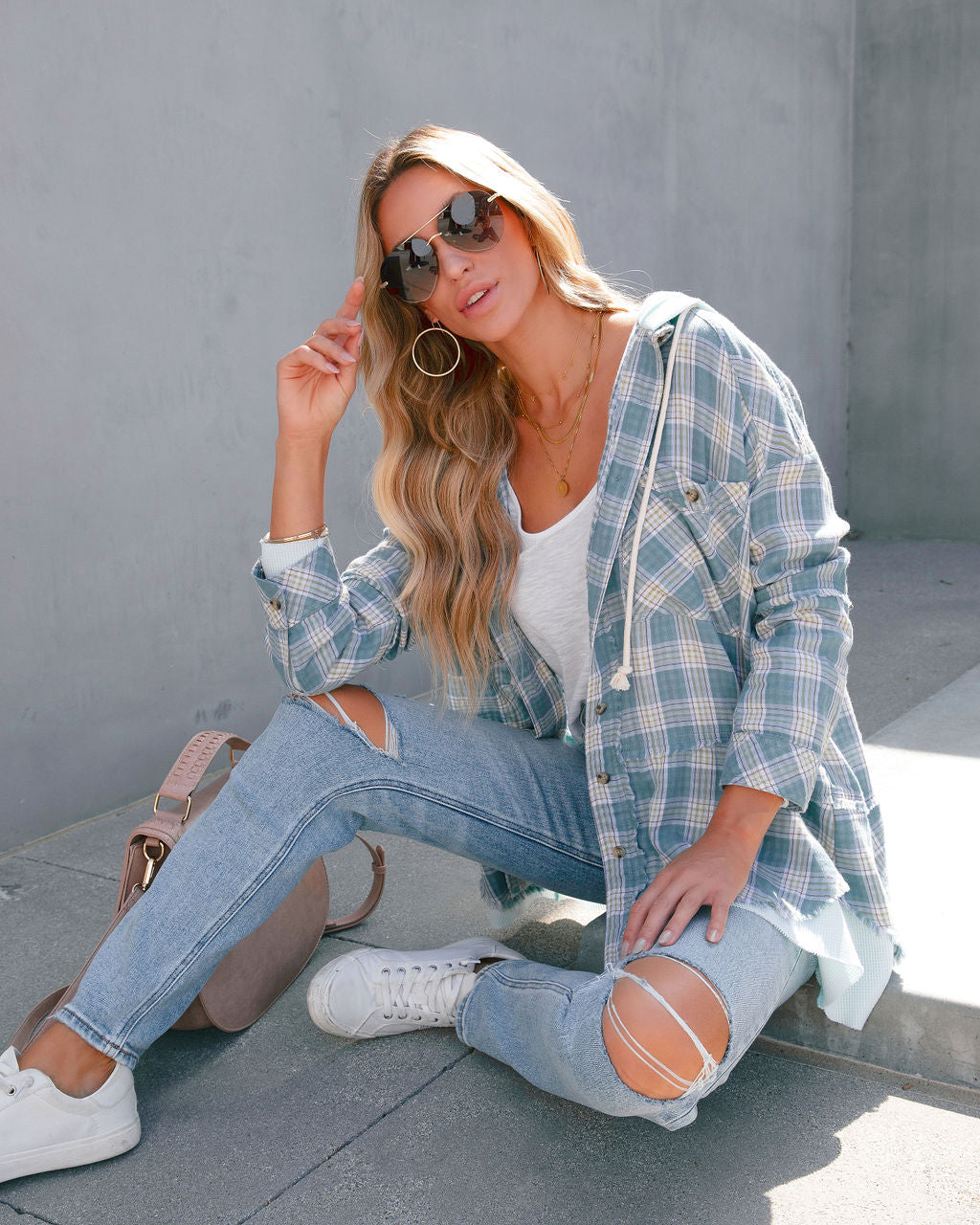 Remy Cotton Frayed Hooded Plaid Top - SALE