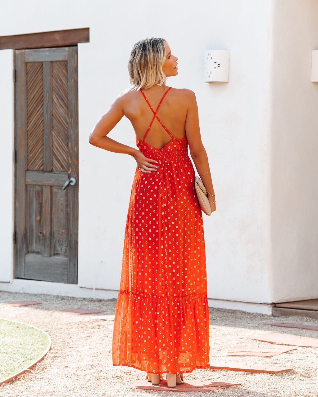 Evalyn Metallic Detailed Smocked Maxi Dress - Rust - FINAL SALE
