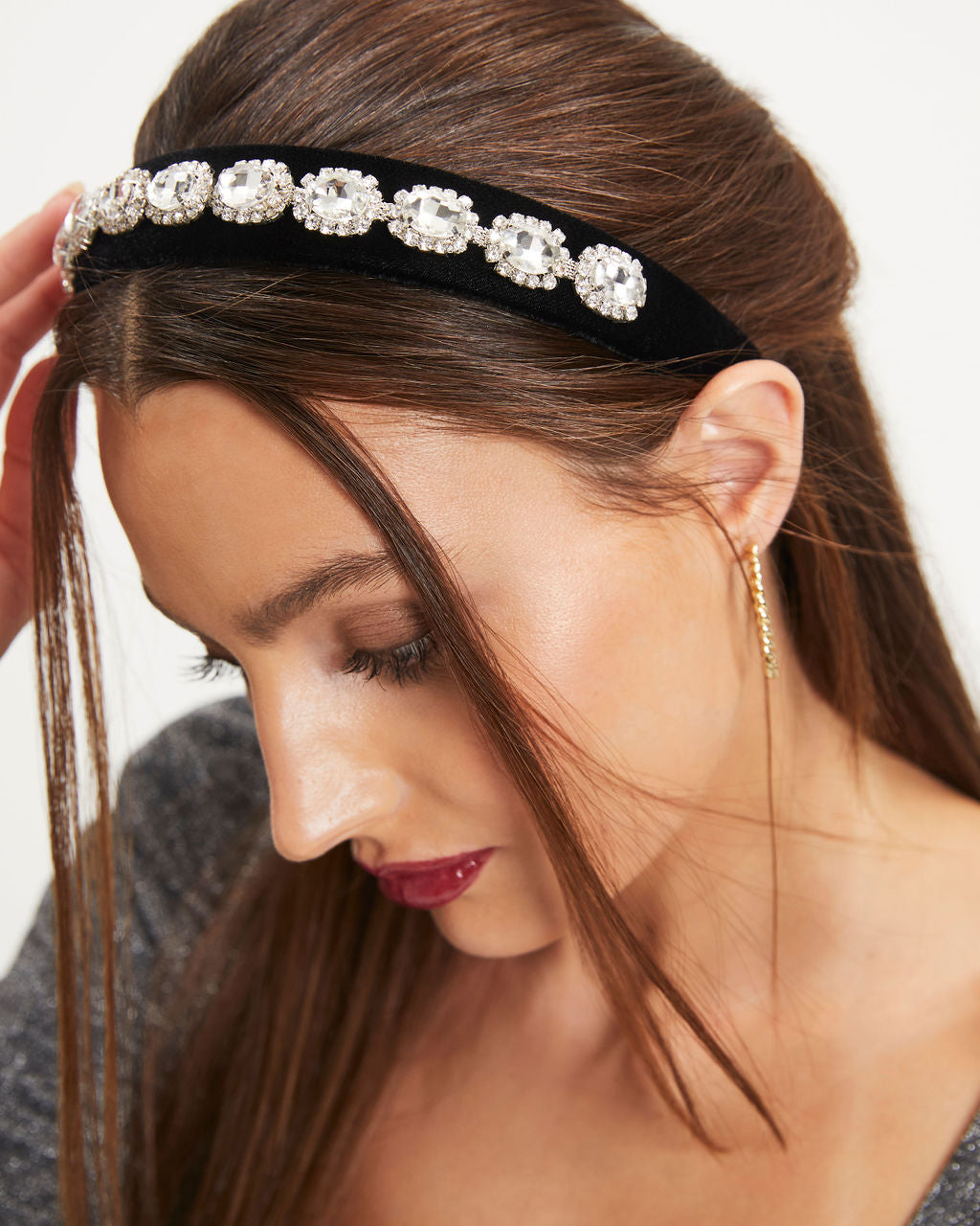 Crowned Velvet Crystal Embellished Headband - Black