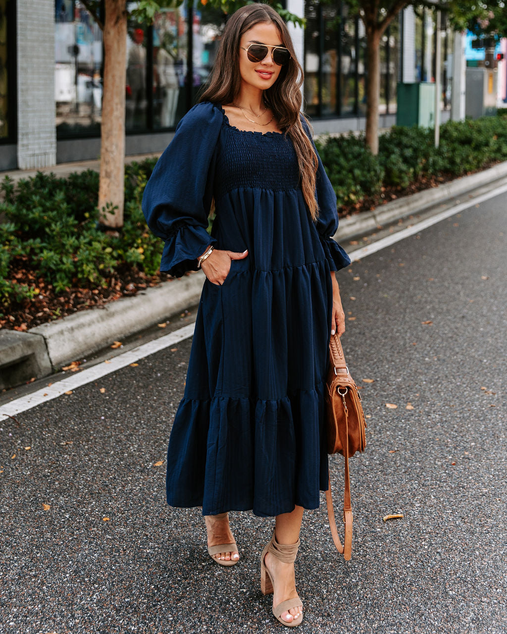 River Pocketed Puff Sleeve Midi Dress - Navy