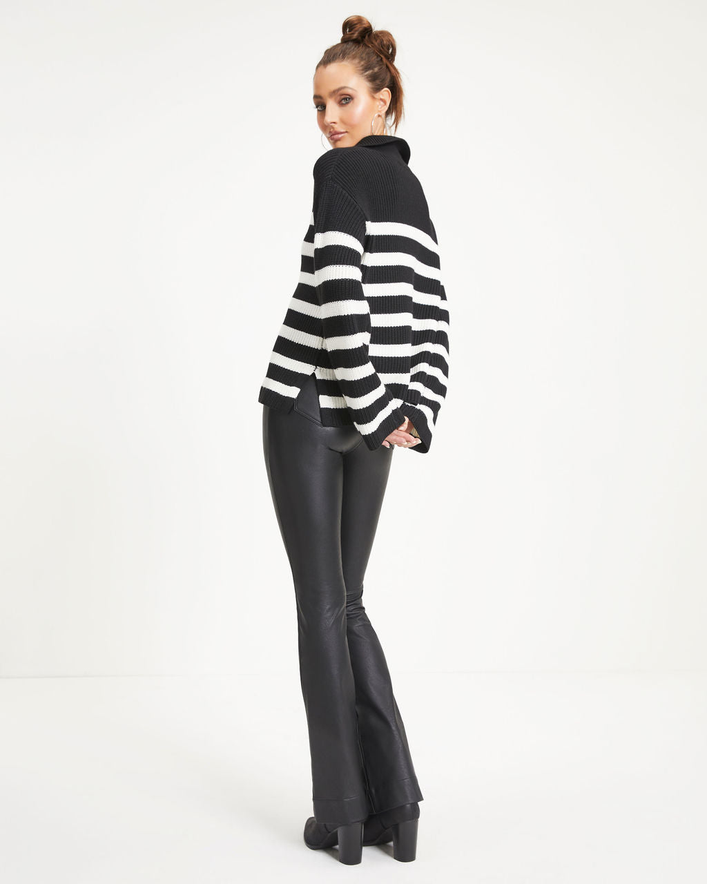 Nyla Striped Knit Half Zip Pullover Sweater - Black/Ivory