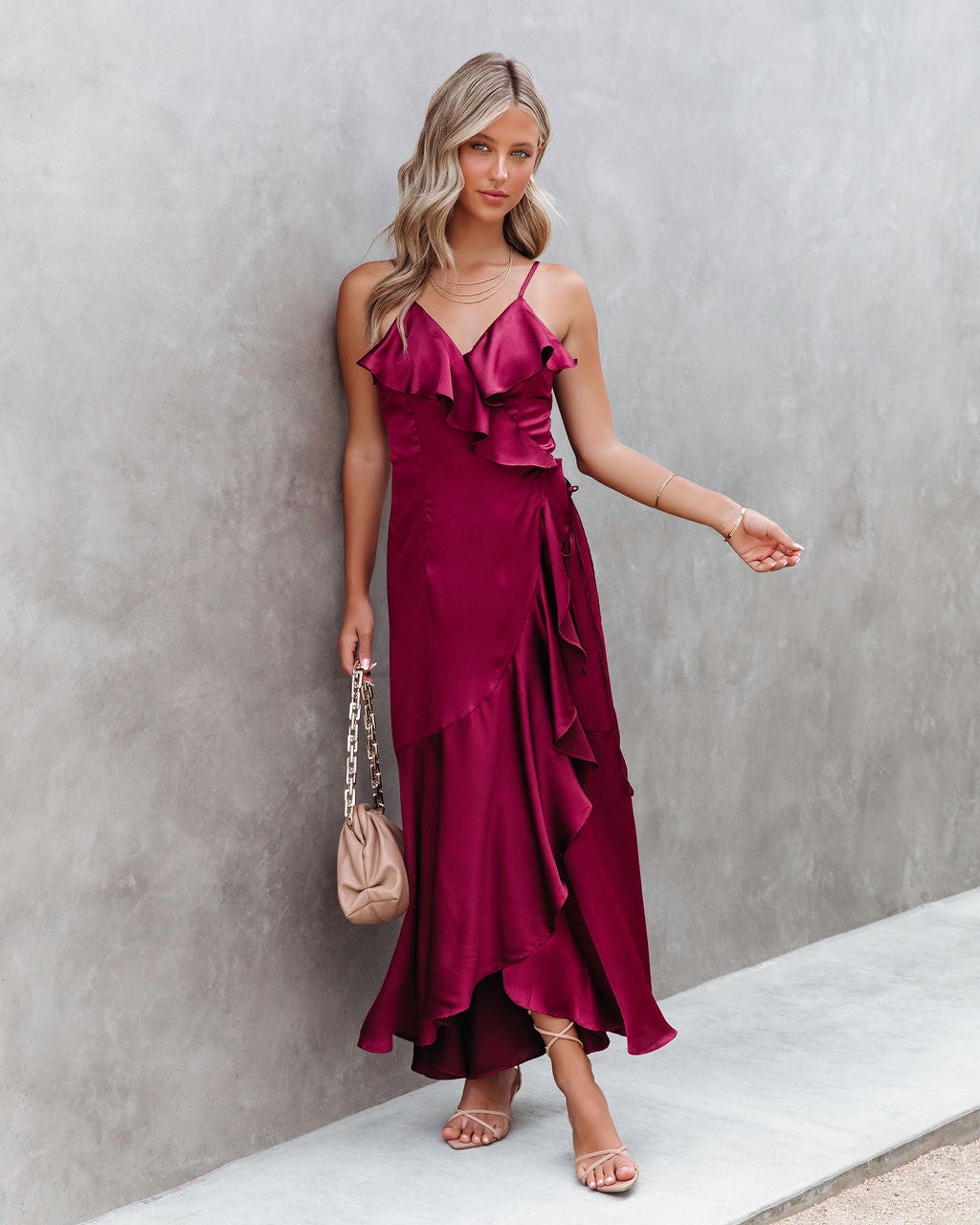 Undeniable Love Satin Ruffle Maxi Dress - Wine