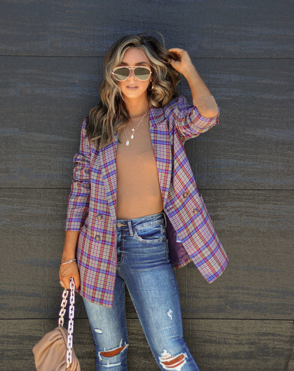 Front And Center Plaid Pocketed Blazer