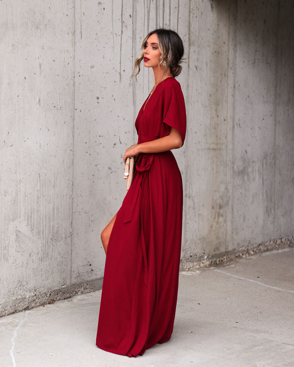 Behati Wrap Kimono Maxi Dress - Burgundy
