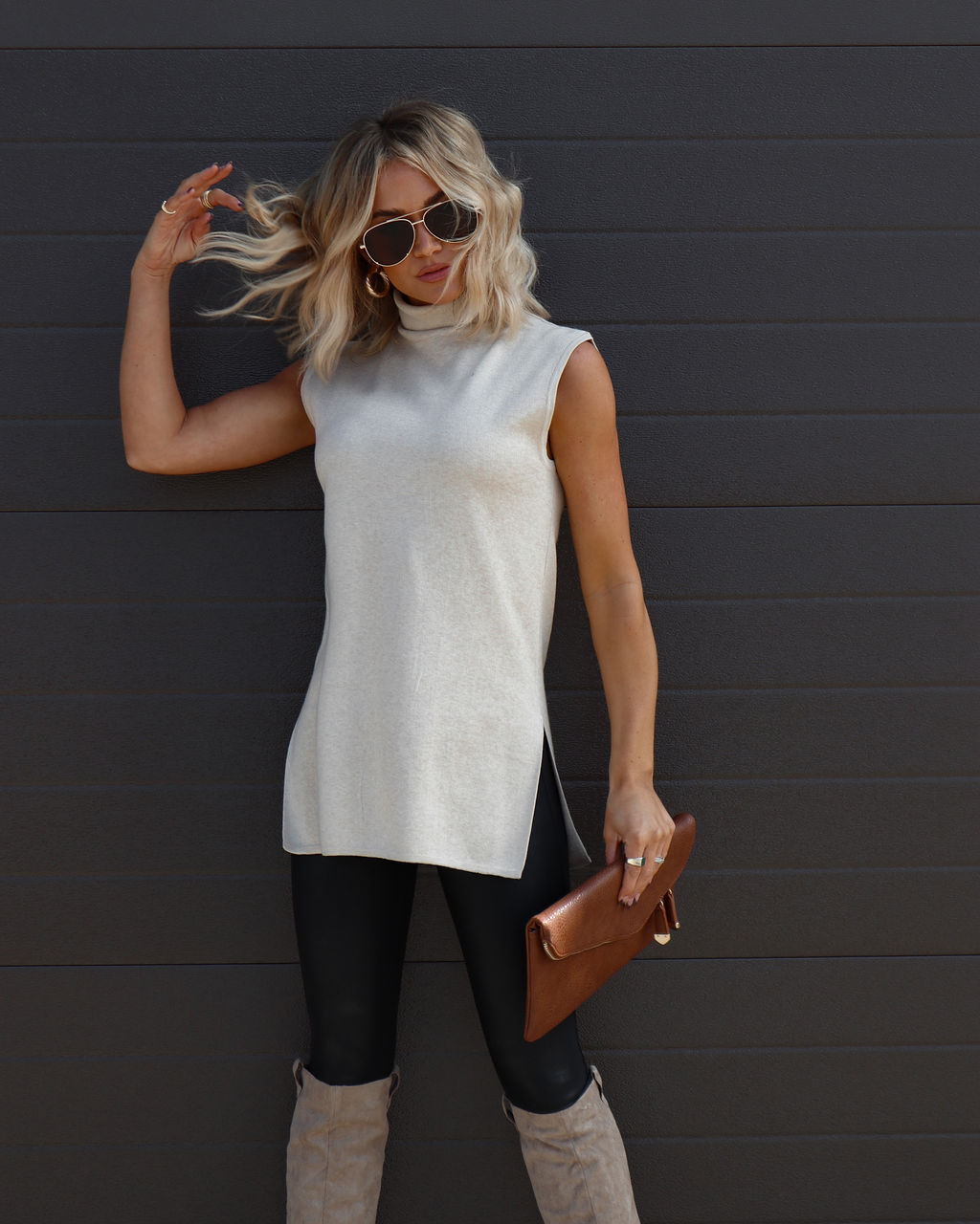 Natasha Knit Turtleneck Sweater Vest - Oatmeal