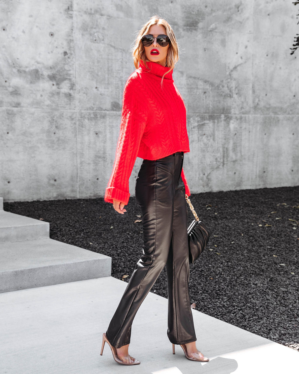 Georgie Cable Knit Turtleneck Pullover Sweater - Red - FINAL SALE