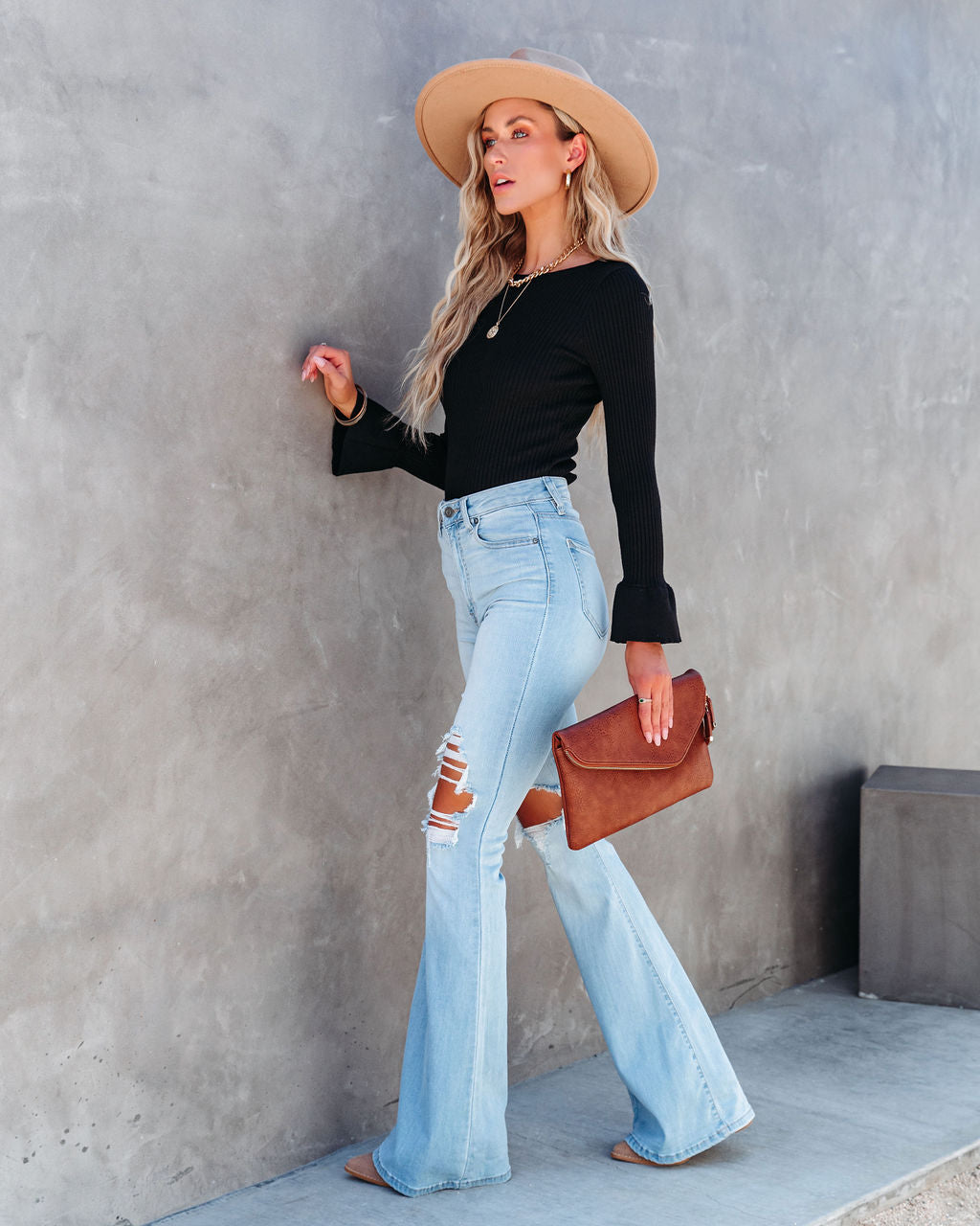 Esen Ribbed Bell Sleeve Knit Sweater - Black