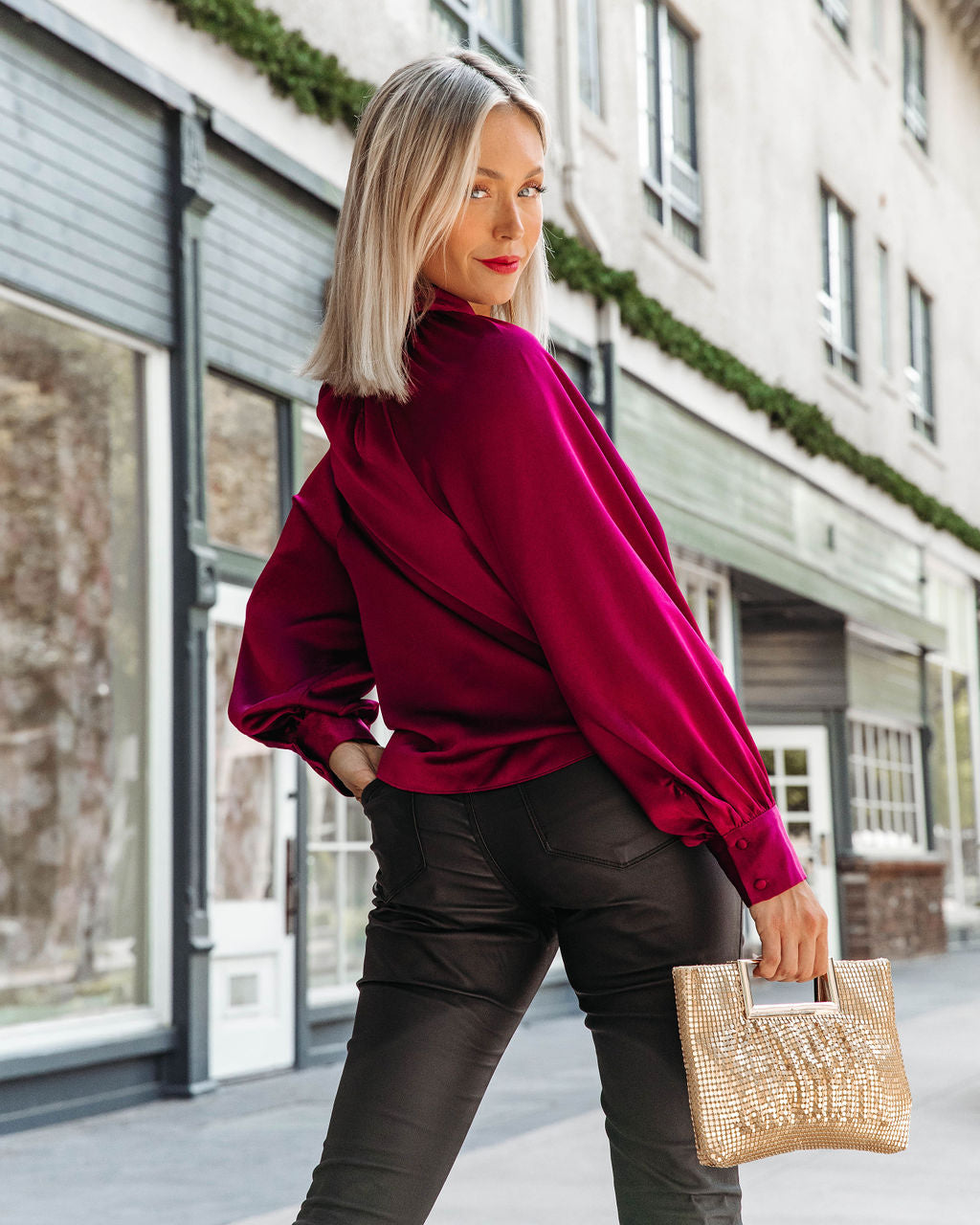 Overall Gratitude Satin Balloon Sleeve Top - Wine