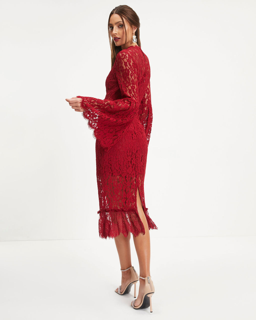 Love Story Baby Lace Bell Sleeve Midi Dress - Wine