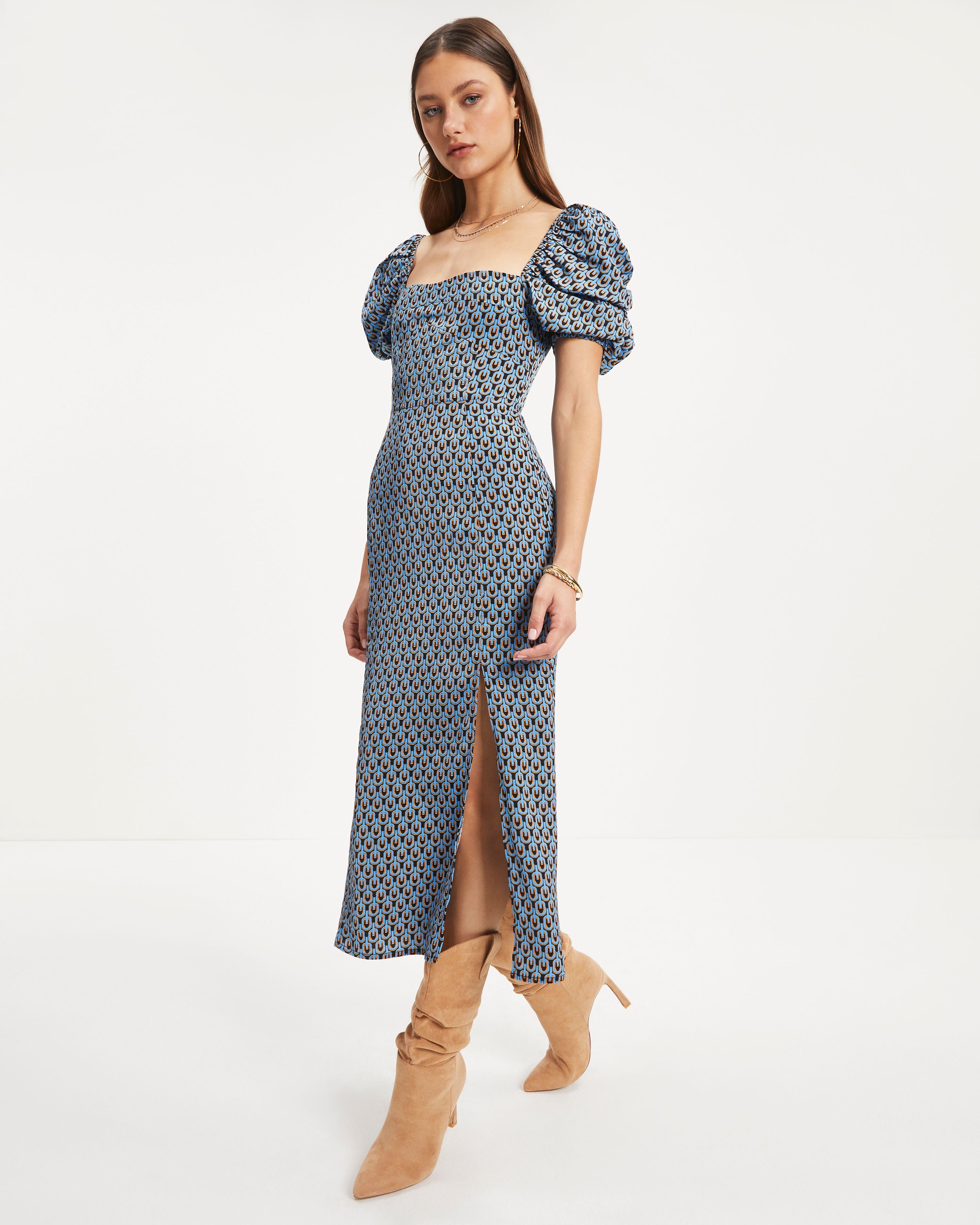Bellona Printed Puff Sleeve Slit Midi Dress