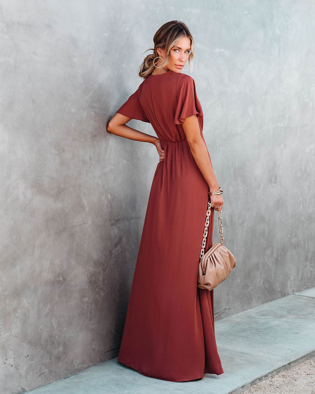 Last Forever Flutter Sleeve Maxi Dress - Brown Rust