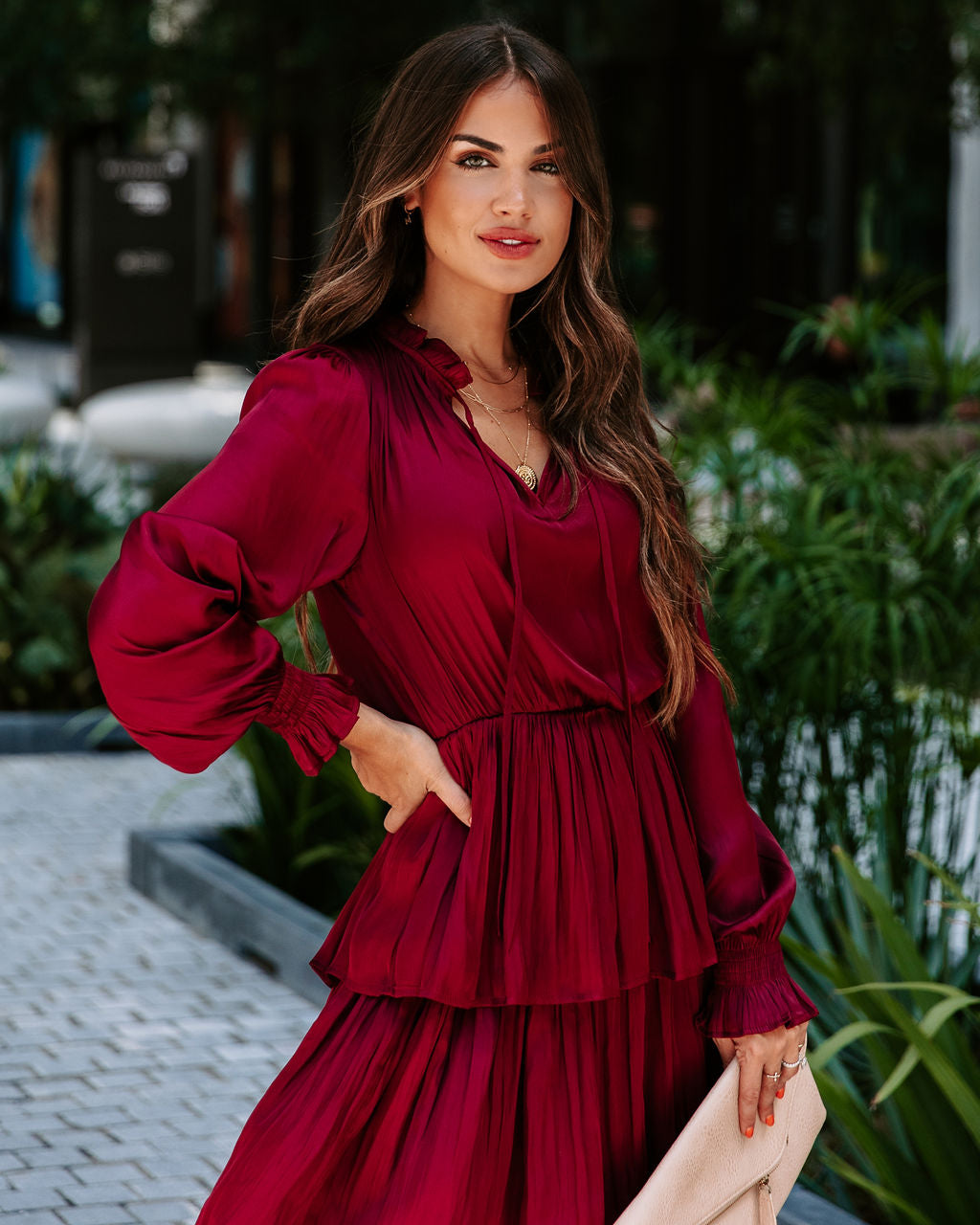 Villain Of My Heart Satin Tiered Maxi Dress - Wine