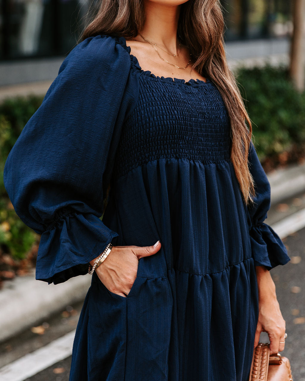 River Pocketed Puff Sleeve Midi Dress - Navy