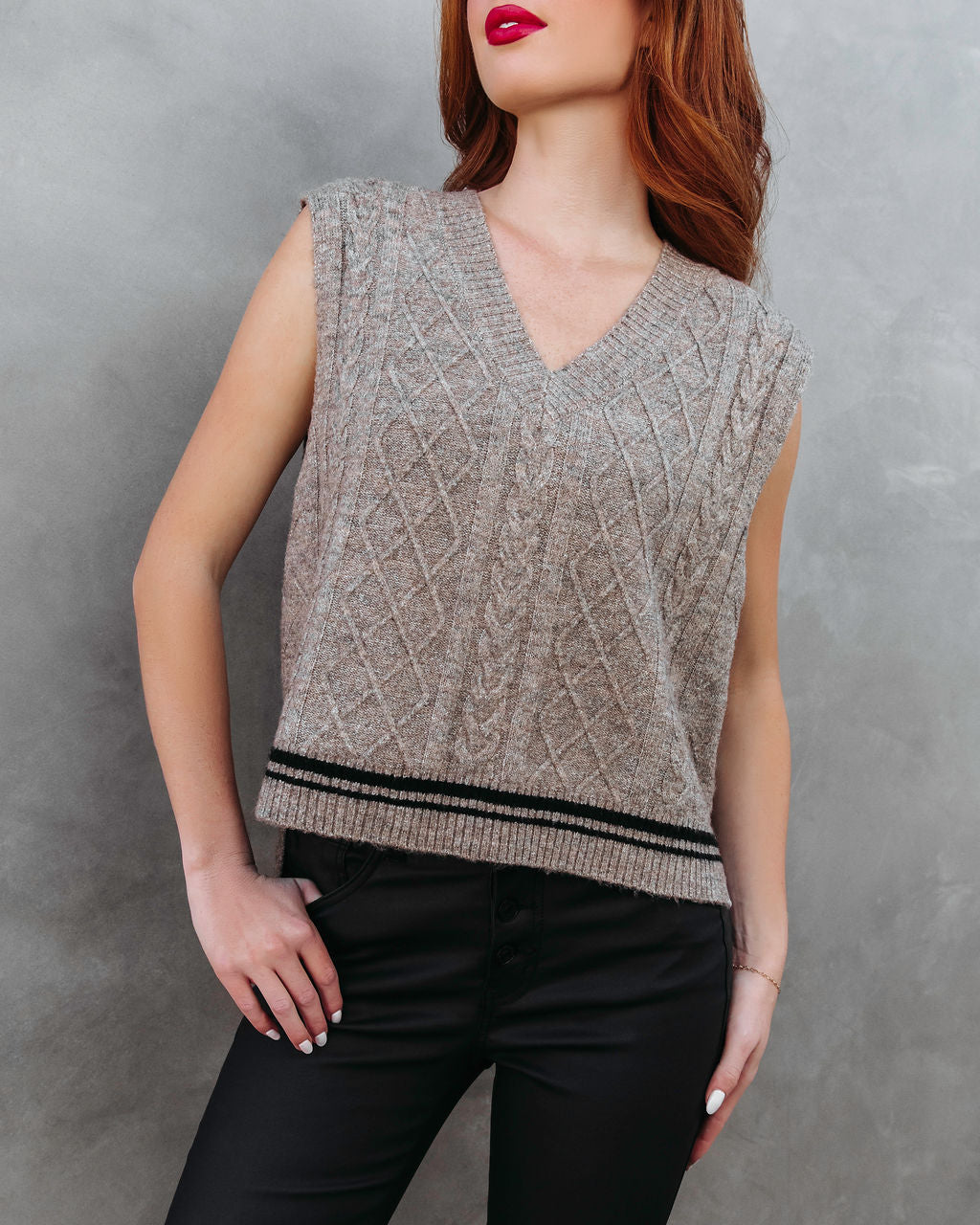 Princeton League Cable Knit Sweater Vest - Taupe