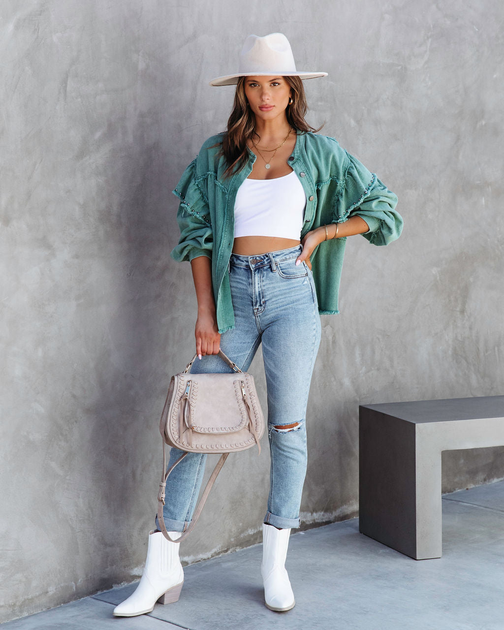 Darcey Denim Studded Frayed Lightweight Jacket - Jade Green - SALE