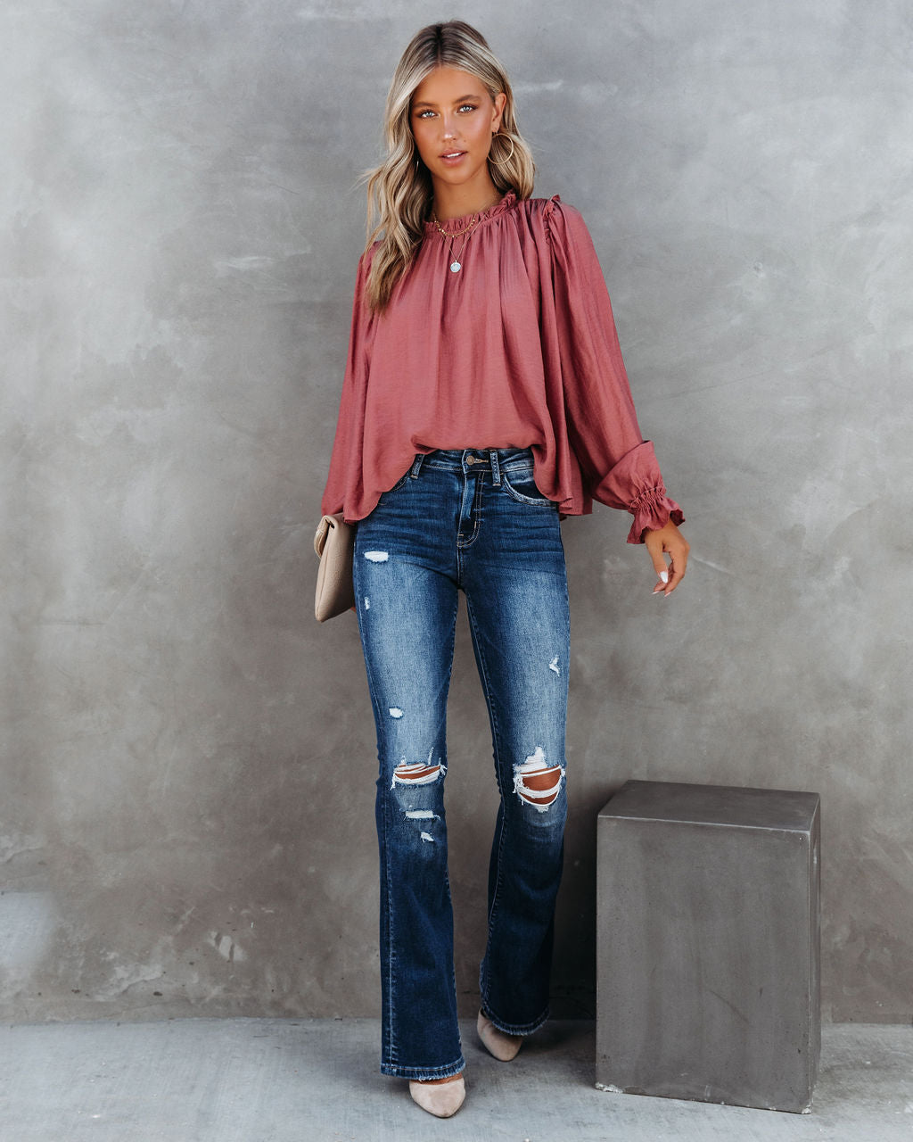 Quinn Crinkle Ruffle Sleeve Top - Dusty Clay - SALE