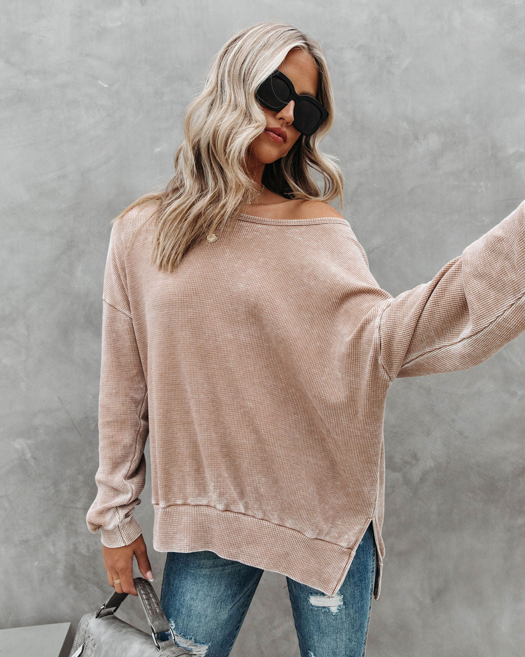 Tahoe Bound Waffle Knit Long Sleeve Top - Light Mocha