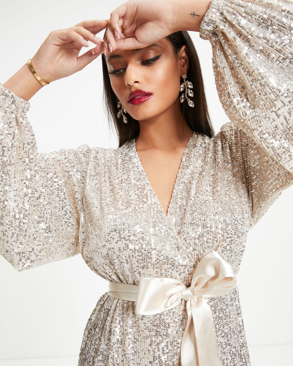 Leave A Little Sparkle Wrap Mini Dress - Champagne