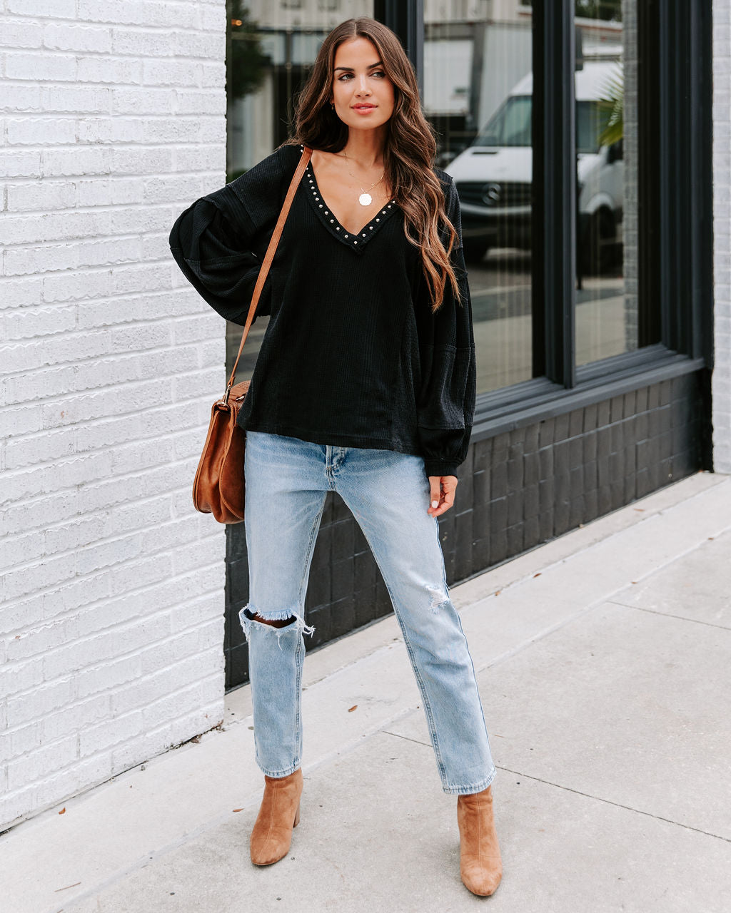 Axel Studded Waffle Knit Long Sleeve Top - Black