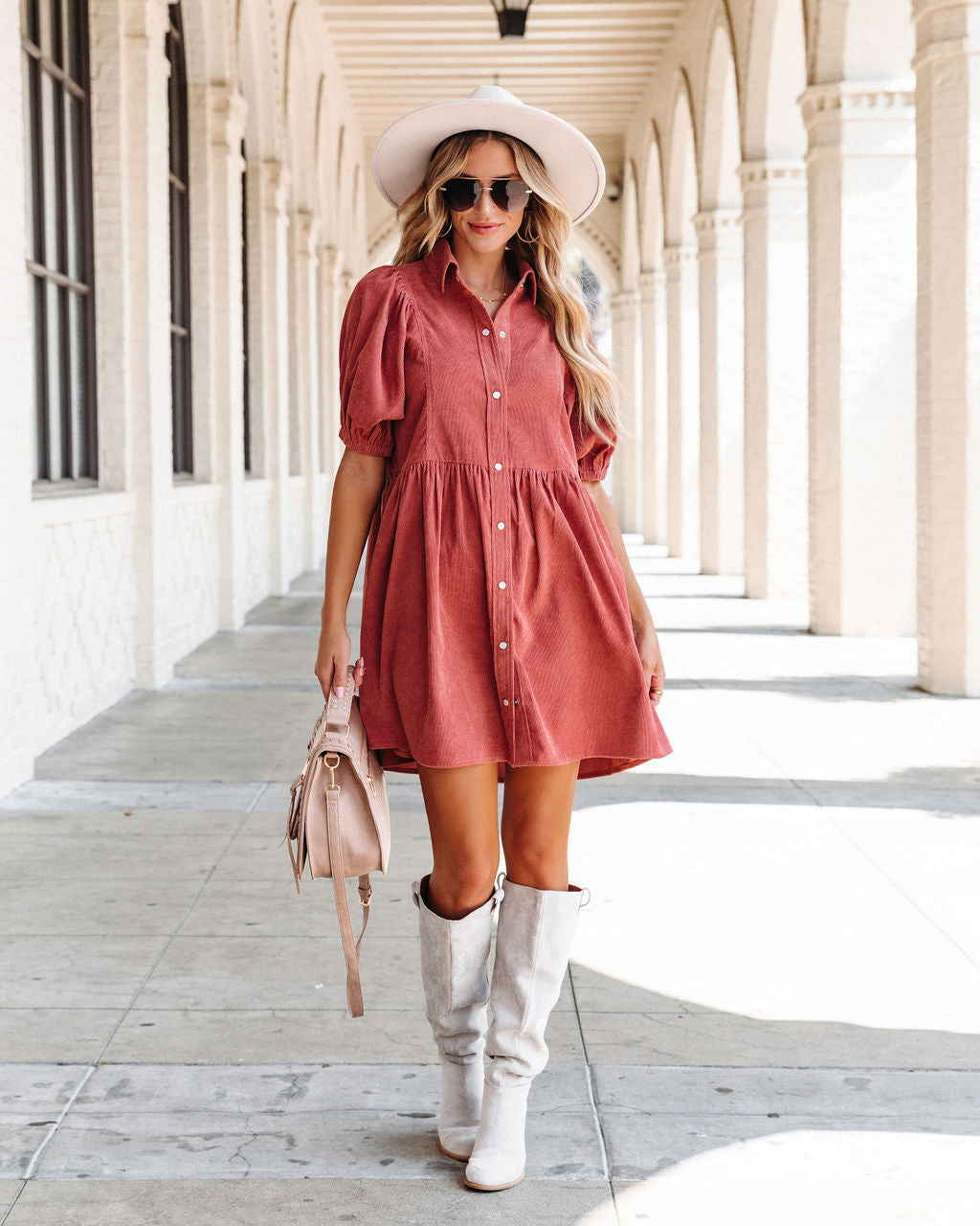 Owen Corduroy Puff Sleeve Babydoll Dress - Clay