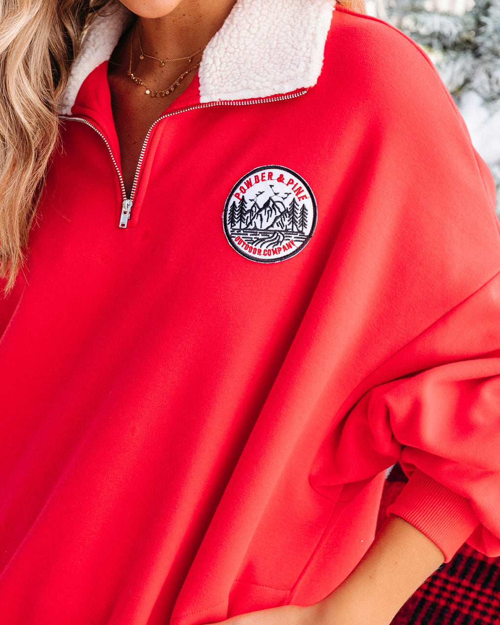 Powder And Pine Half Zip Sherpa Trim Pocketed Pullover Sweater - Red