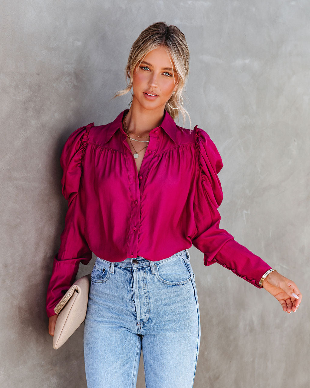 Southern Belle Puff Sleeve Button Down Top - Rose - SALE