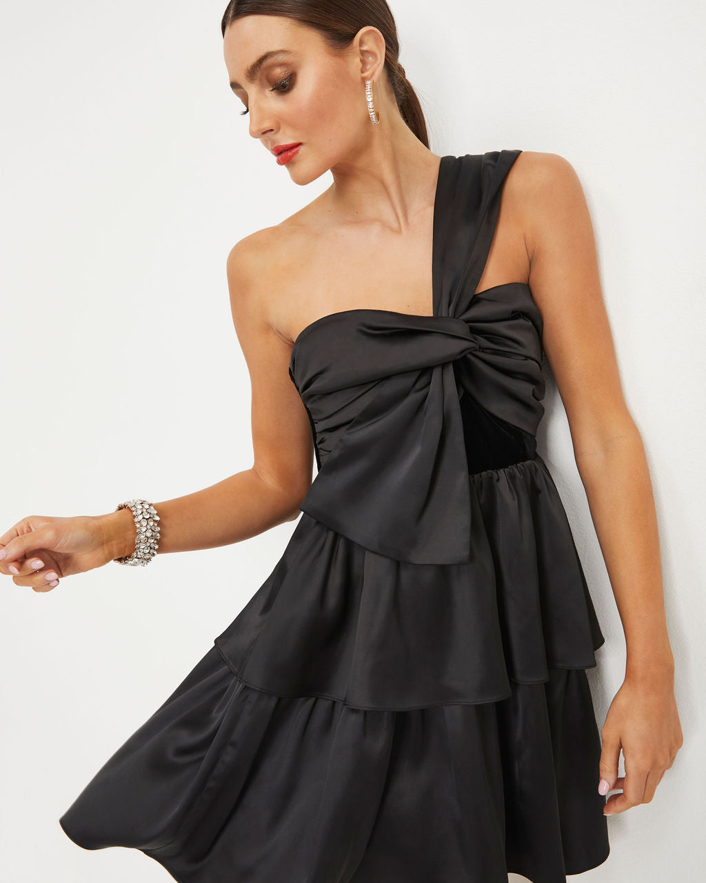 Such A Joy Satin Velvet One Shoulder Tiered Mini Dress - Black