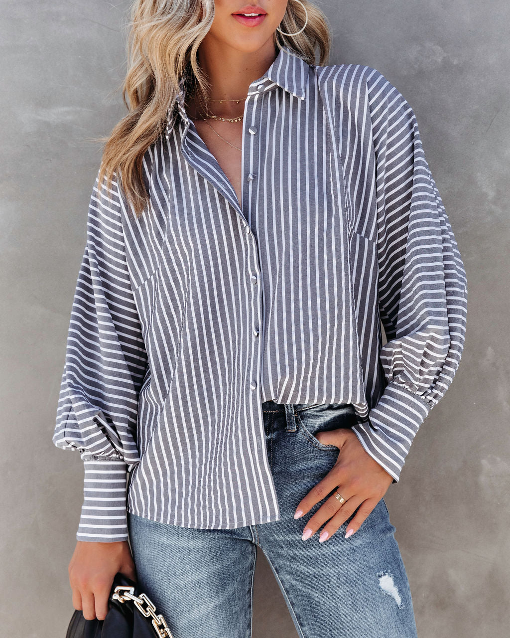 Classic Moment Striped Button Down Top - Charcoal