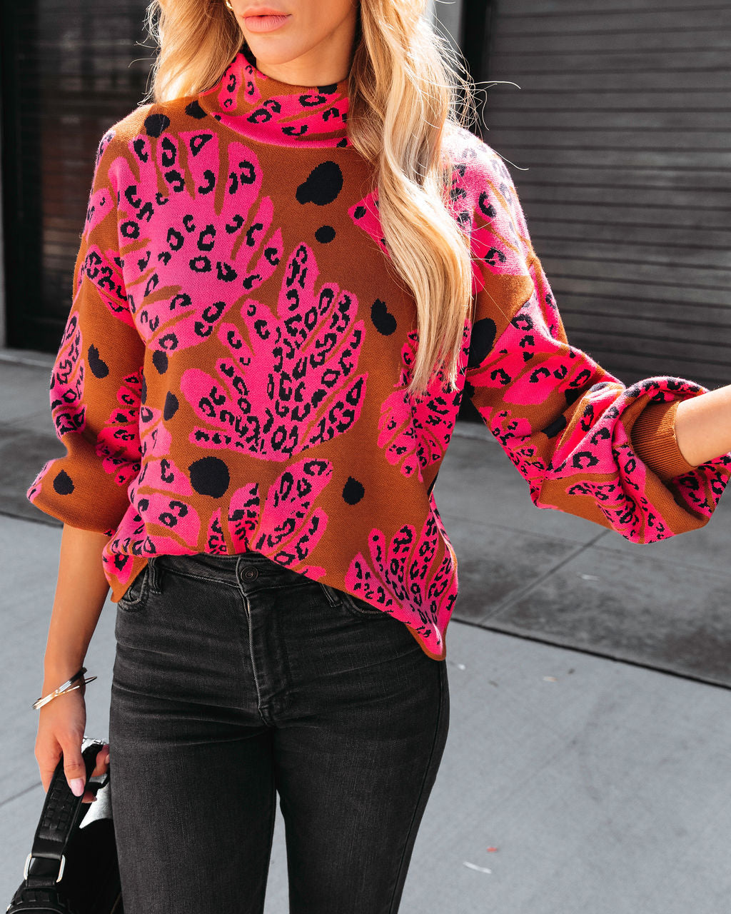 Stand Up Gal Printed Mock Neck Sweater
