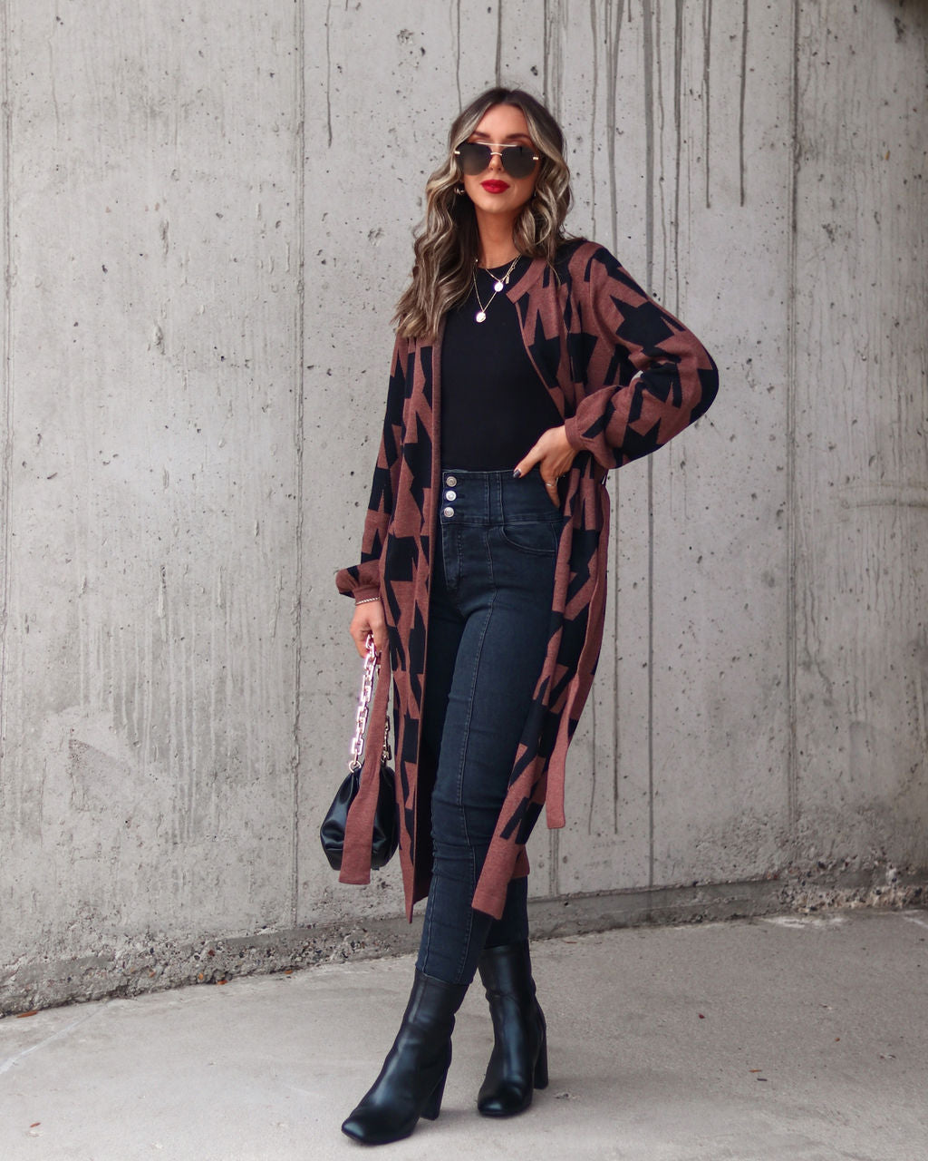 Coffee Errands In Style Pocketed Houndstooth Duster Cardigan - Brown