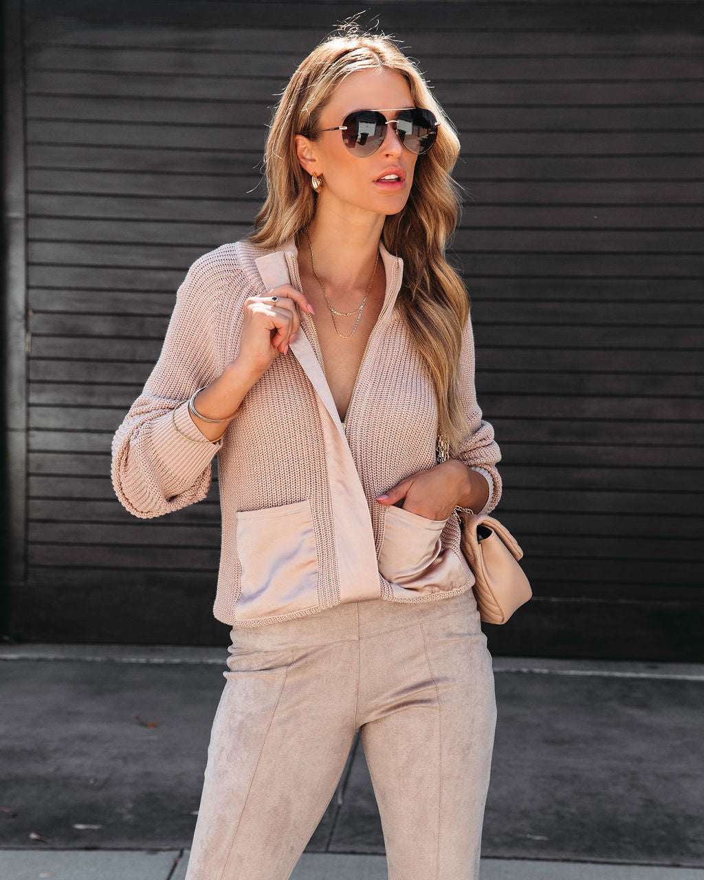Looking Like A Million Knit Pocketed Satin Zip Up Sweater - Taupe