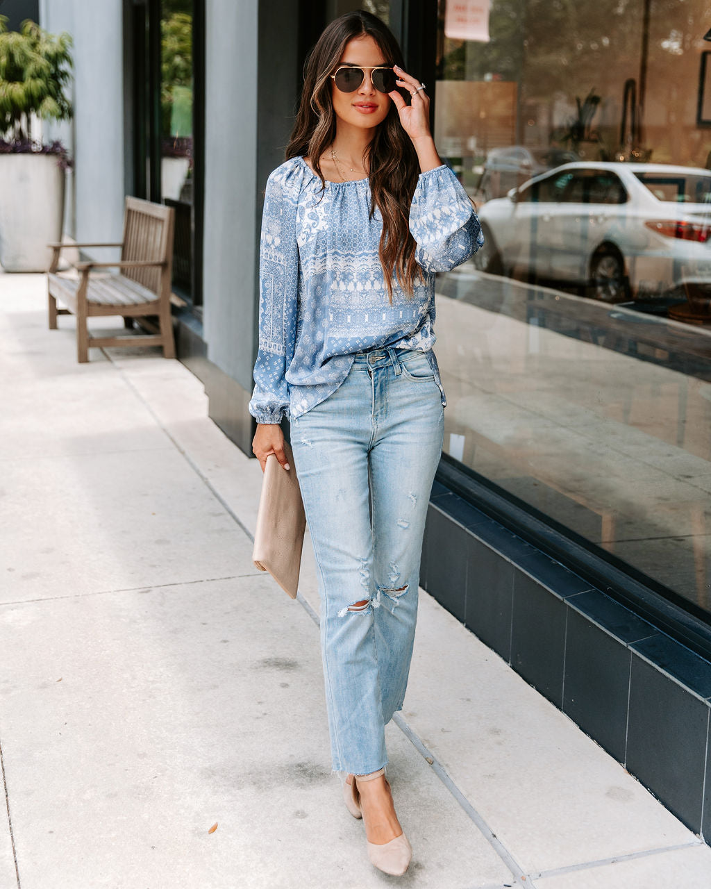 Donna Printed Cutout Top - Ash Blue - FINAL SALE