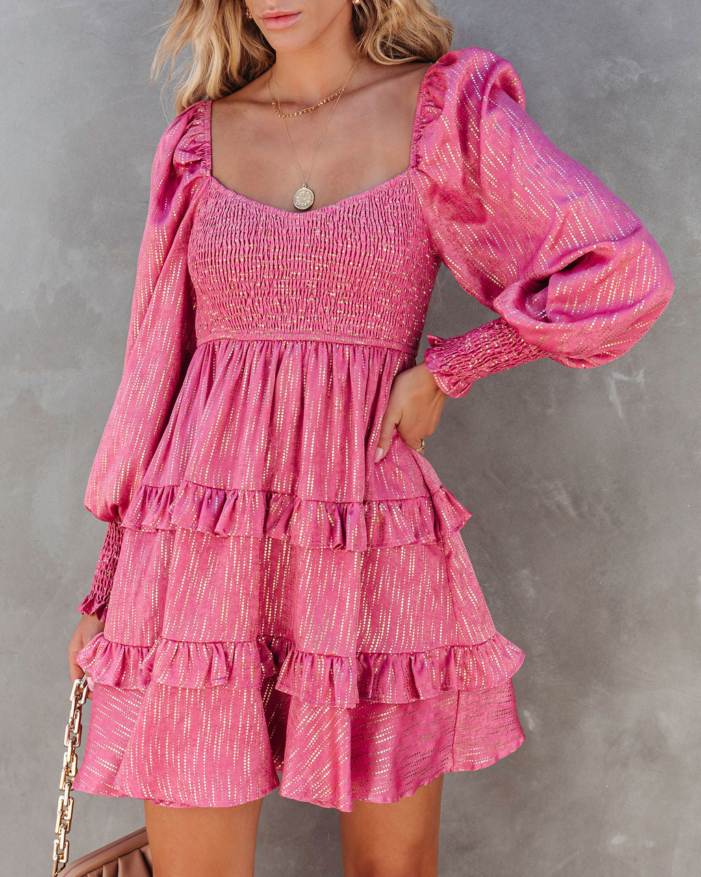 Shine On Metallic Tiered Babydoll Dress - Rose - SALE