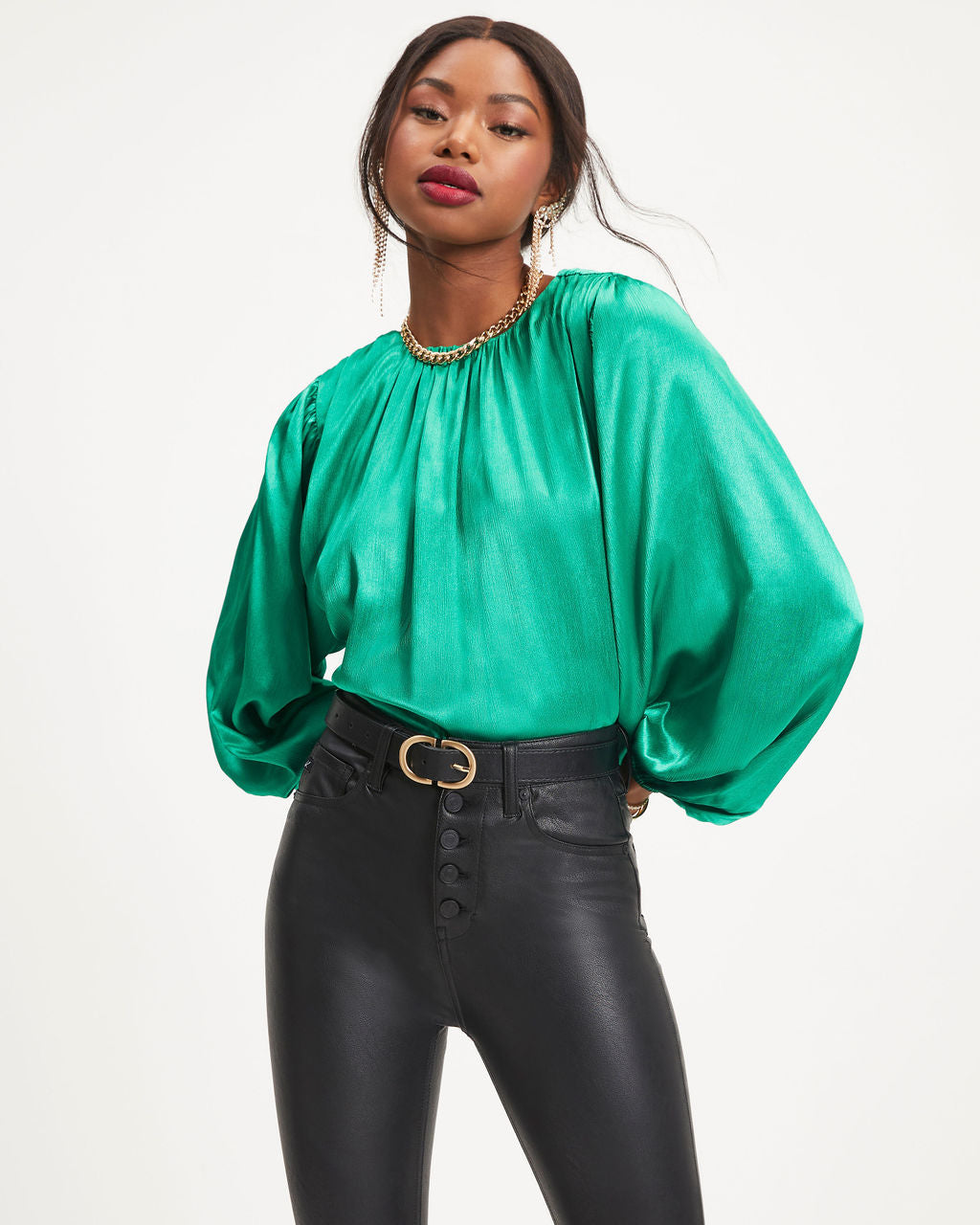 Perfect Timing Satin Balloon Sleeve Top - Green
