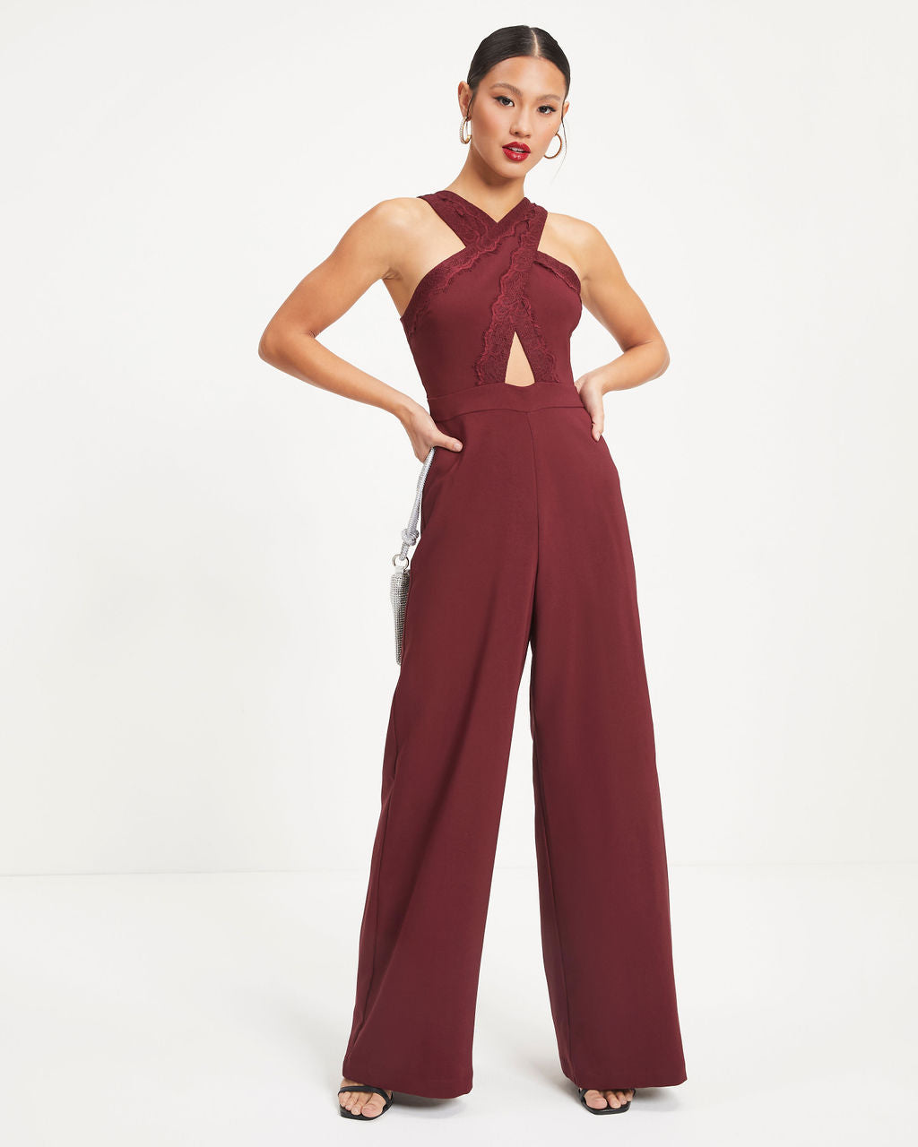 That's Amore Lace Trim Cutout Jumpsuit - Burgundy