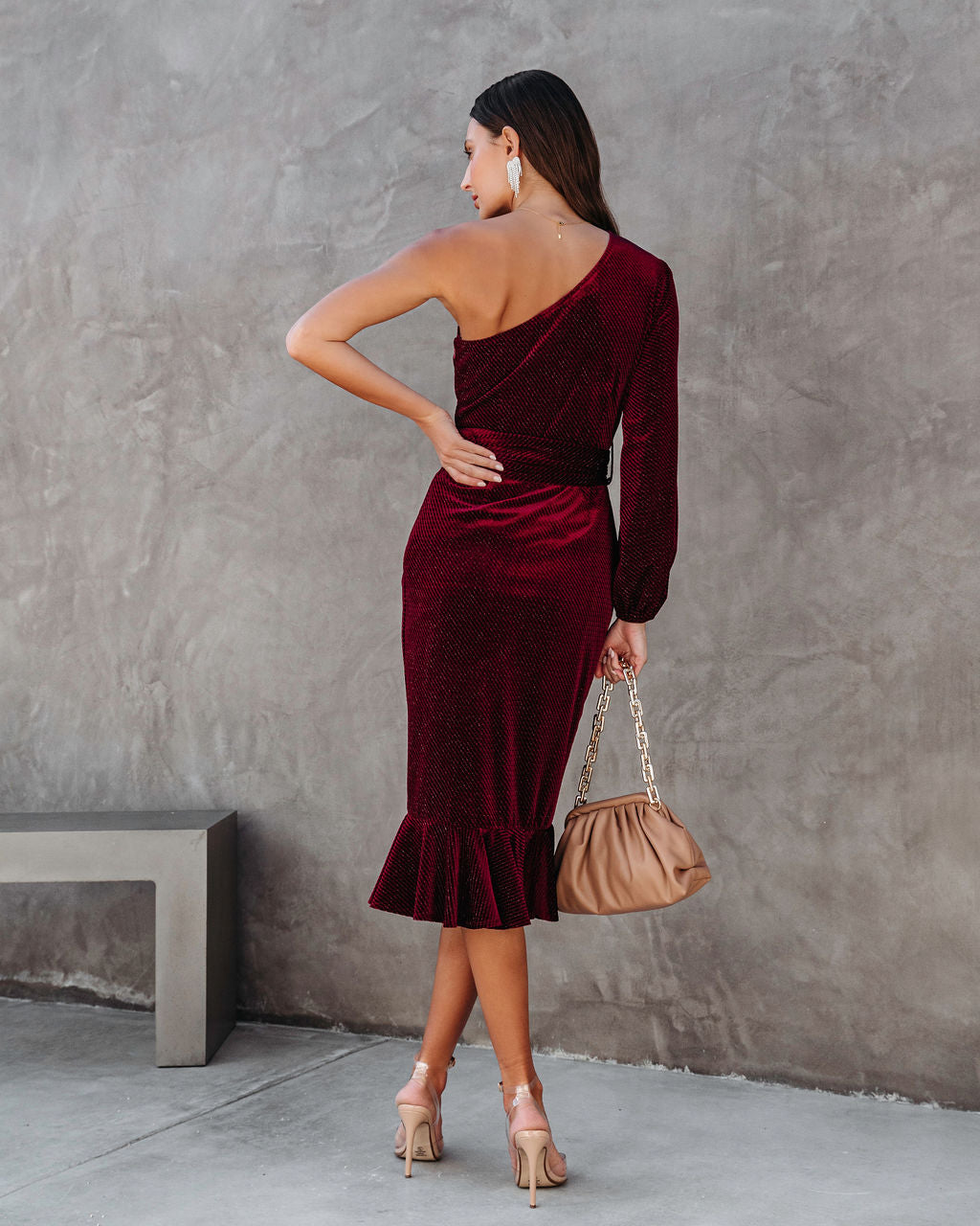 Honestly Breathtaking One Shoulder Belted Textured Velvet Midi Dress - Wine