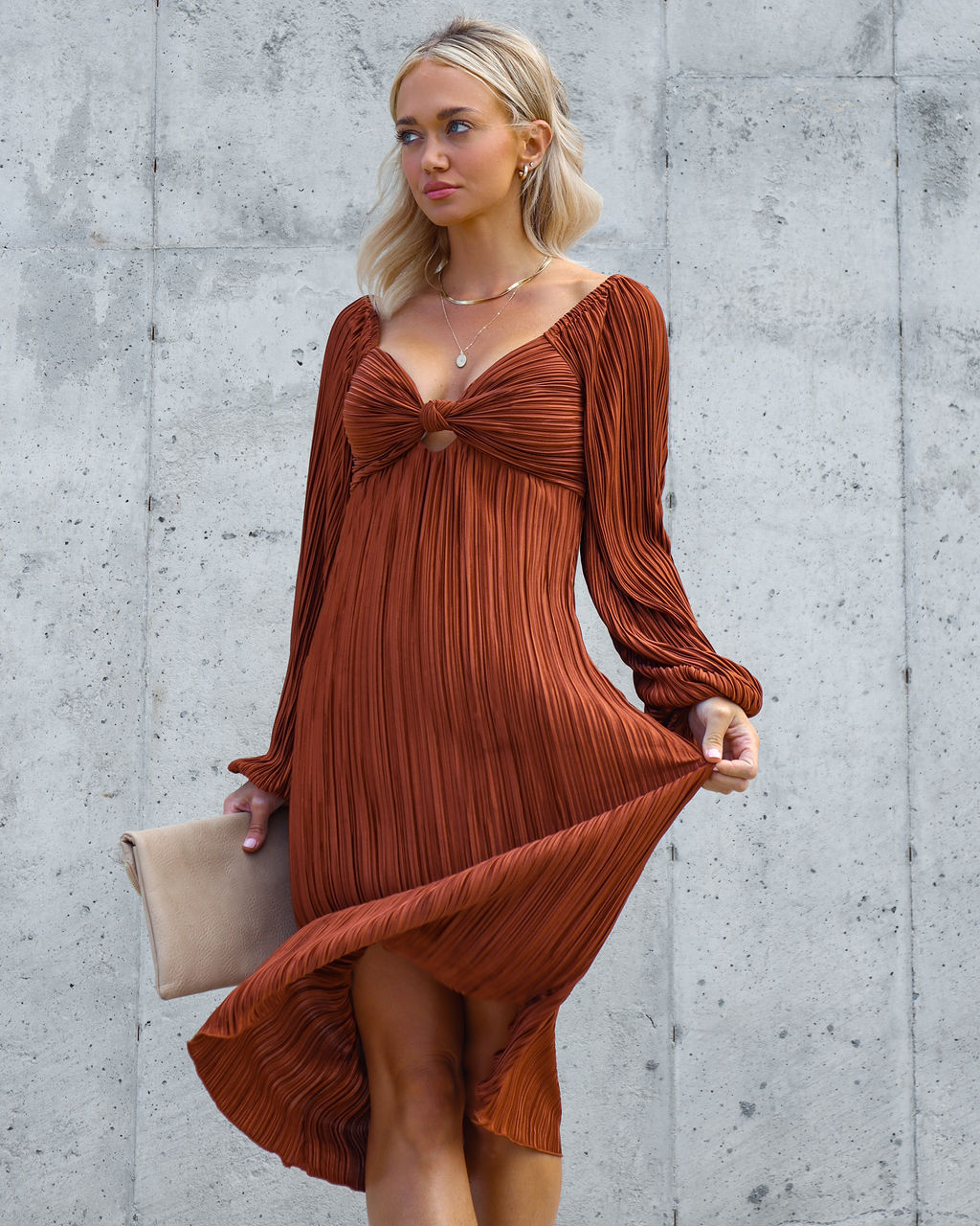Very Impressed Plisse Cutout Midi Dress - Rust