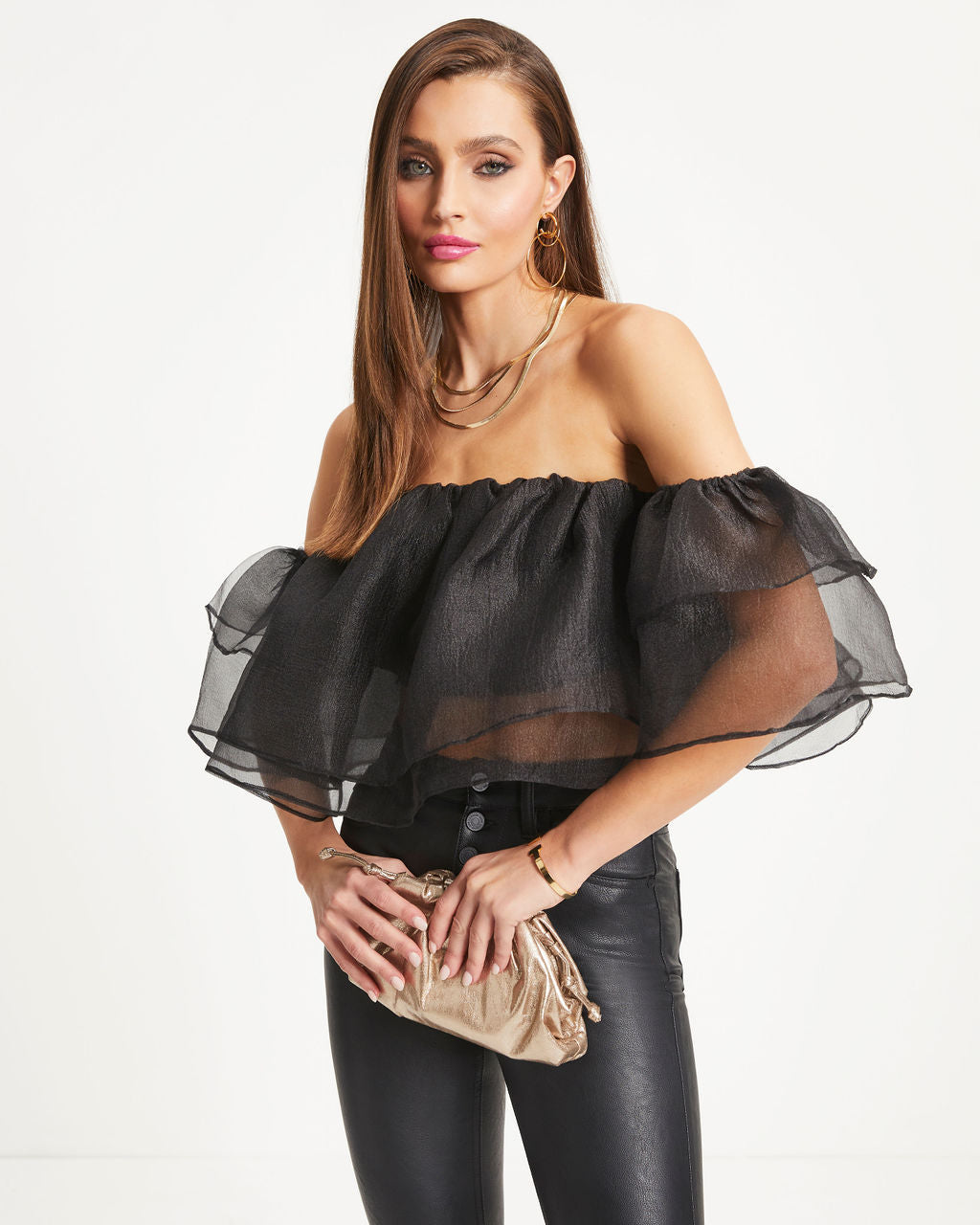 Cadence Off The Shoulder Textured Organza Crop Top - Black