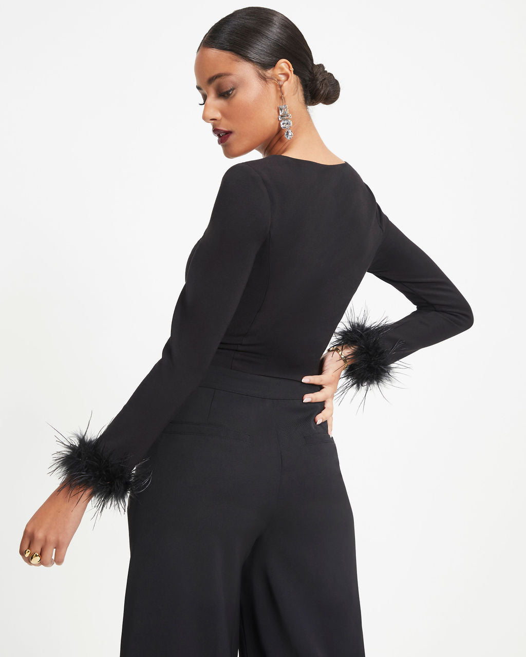 New Lover Feather Trim Long Sleeve Top - Black
