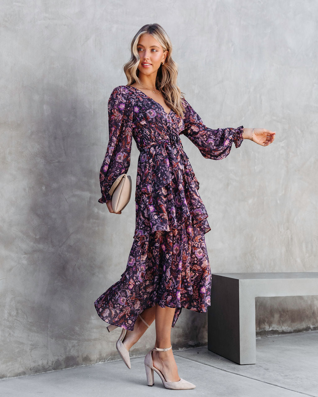 Maleah Floral Tiered Chiffon Midi Dress - Plum