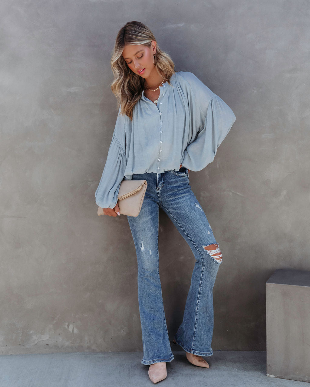 Bodhi Balloon Sleeve Button Up Top - Light Blue