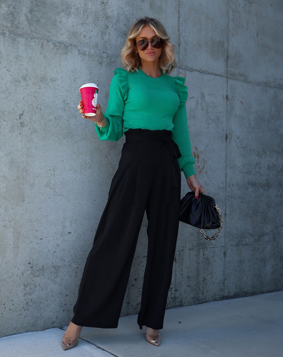 Reyna Ruffle Trim Ribbed Sweater - Green