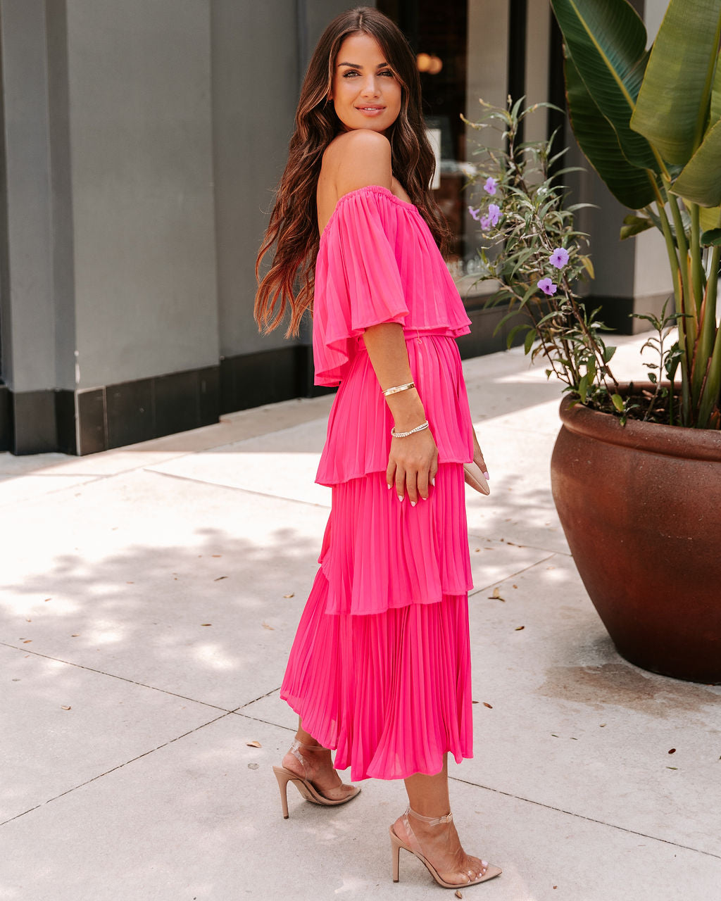 Simaria Pleated Tiered Midi Dress - Hot Pink - FINAL SALE