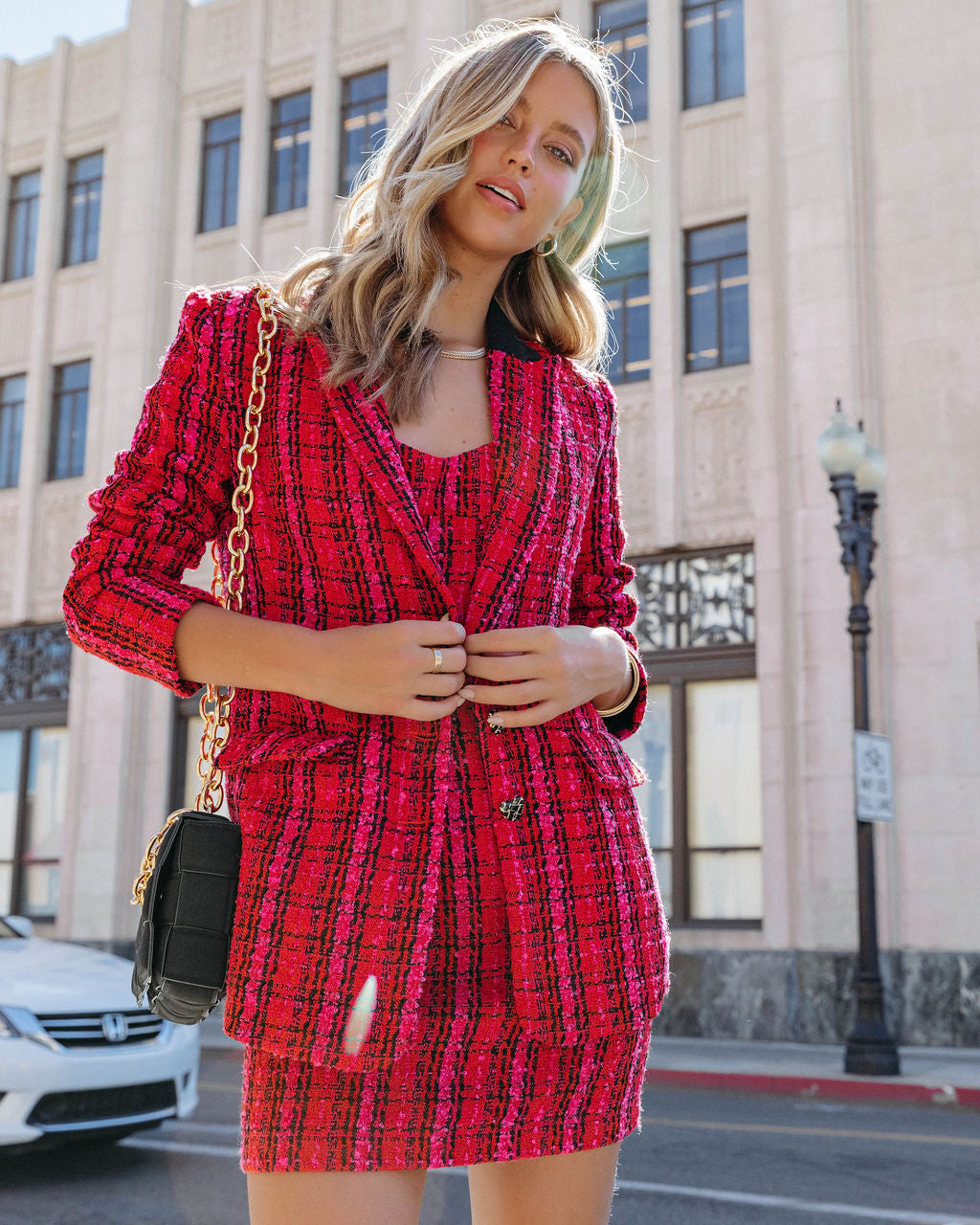 Just Like Me Tweed Pocketed Plaid Blazer